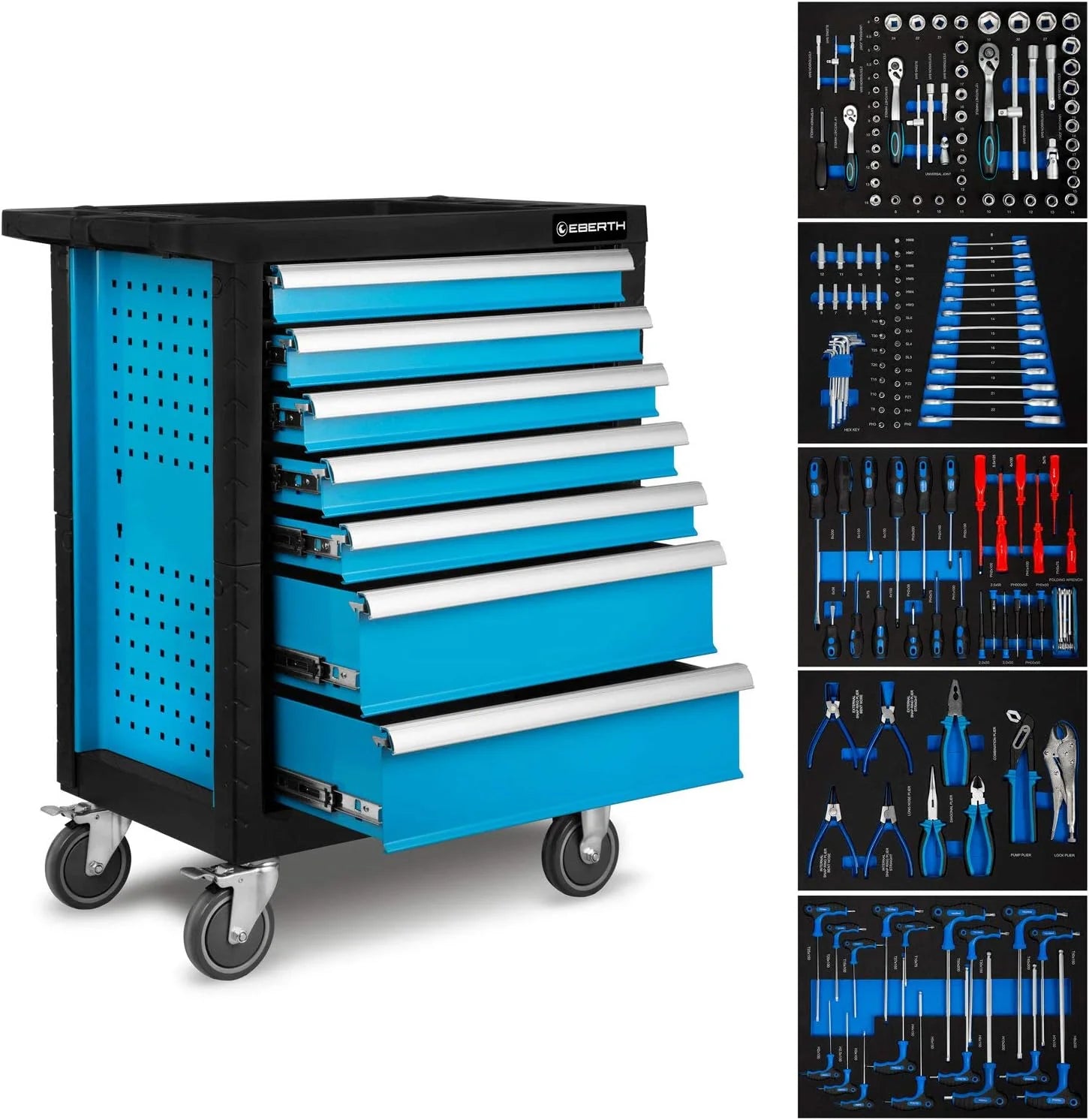 Eberth Werkplaatswagen, 167-delig uitgerust, 7 laden, waarvan 5 met gereedschap gevuld, dubbelwandige gereedschapswagen van staal, blauw gepoedercoat, zwenkwielen, parkeerrem, ergonomische handgrepen(Blauw)