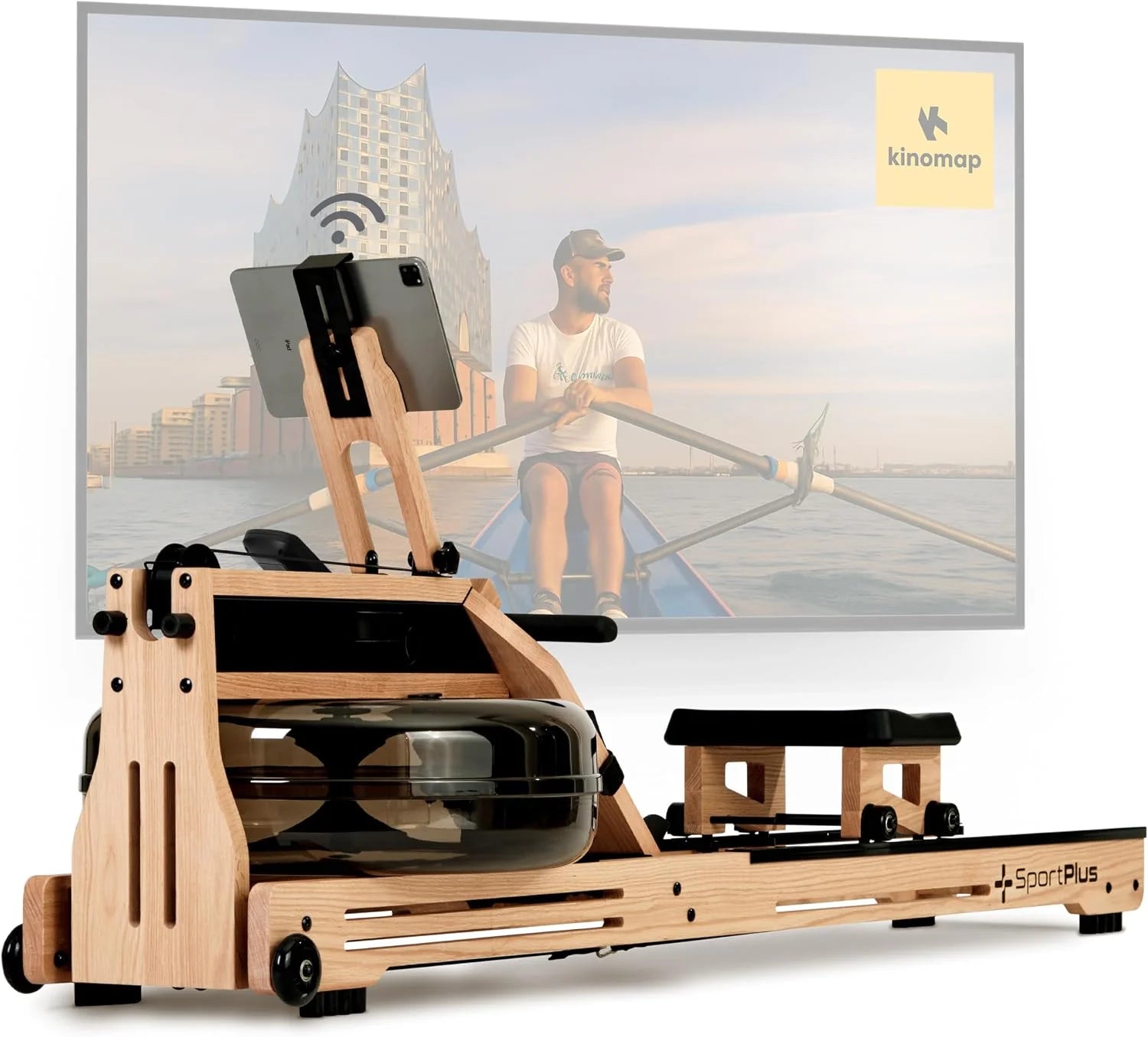 SportPlus Waterroeitoestel, voor thuis, van natuurlijk massief hout (eiken), houten roeitoestel met trainingscomputer, roeimachine met tablethouder voor duurtraining, roeimachine(Solid oak (app compatible))