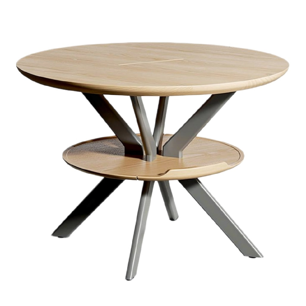 Rond houten eettafel met metalen poten en onderplank