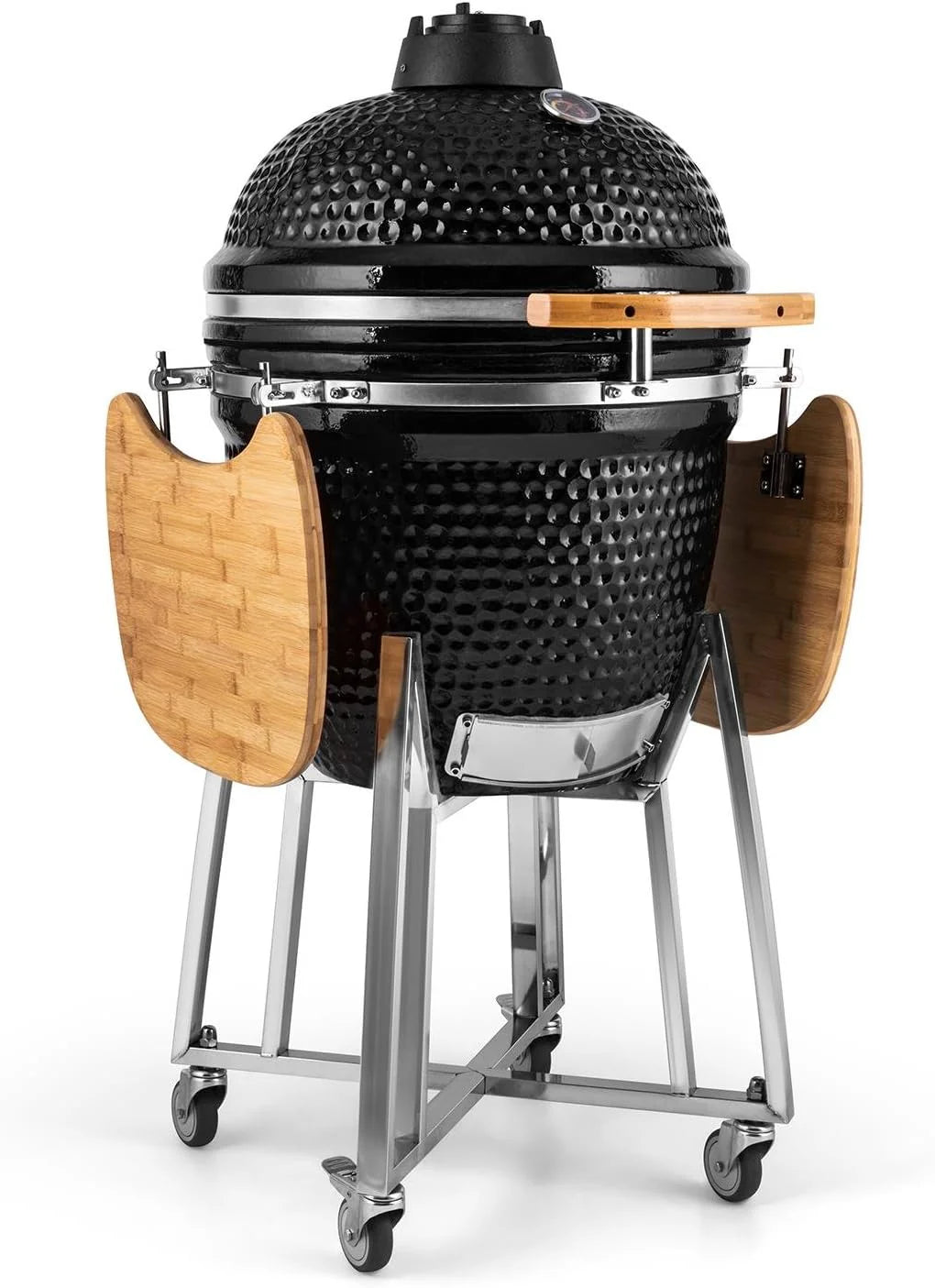 Klarstein Queensize Kamado-grill - voor grillen, langzaam koken, roken of bakken, verwijderbare zijpanelen, materialen: keramiek, roestvrij staal, bamboe, thermometer van 0-450 ° C, 3 rollen, zwart(132 x 125 x 75 cm)