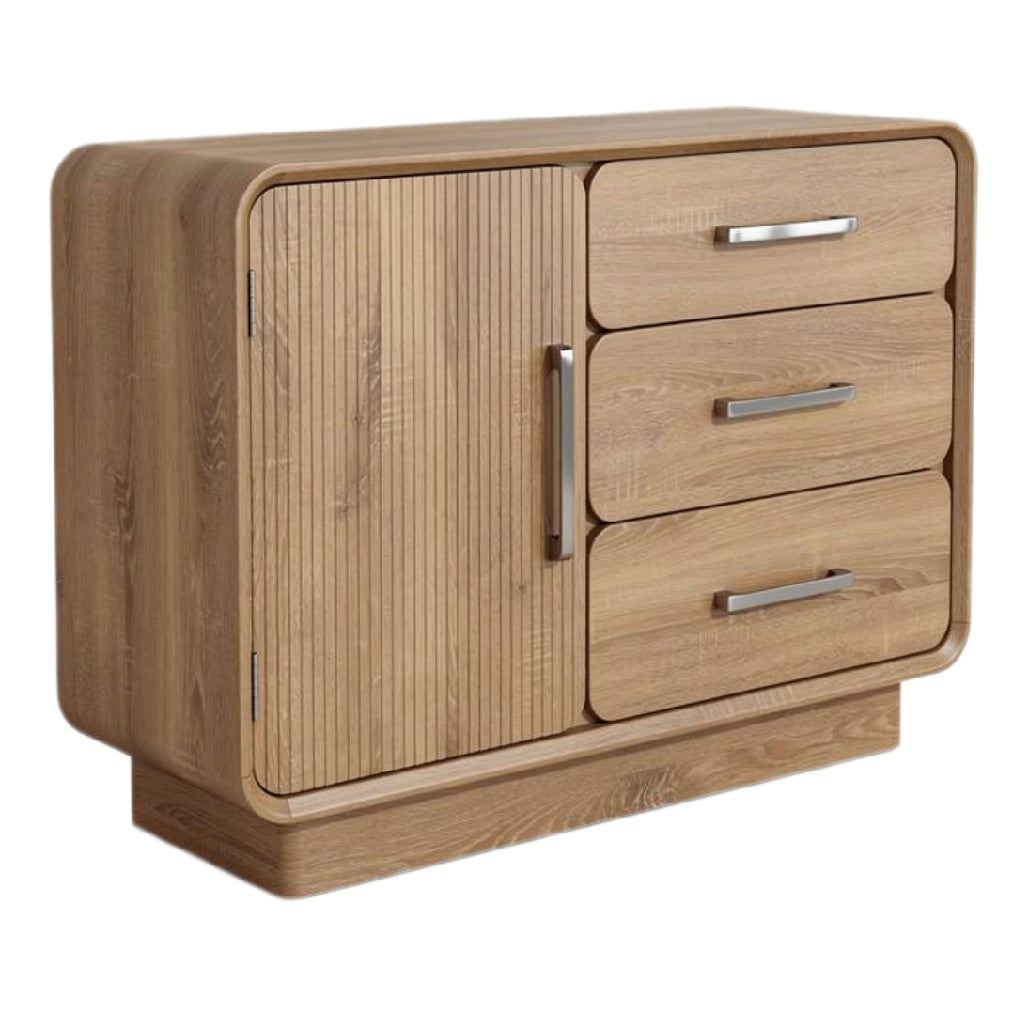 Moderne houten kast met drie lades en deur in minimalistisch design