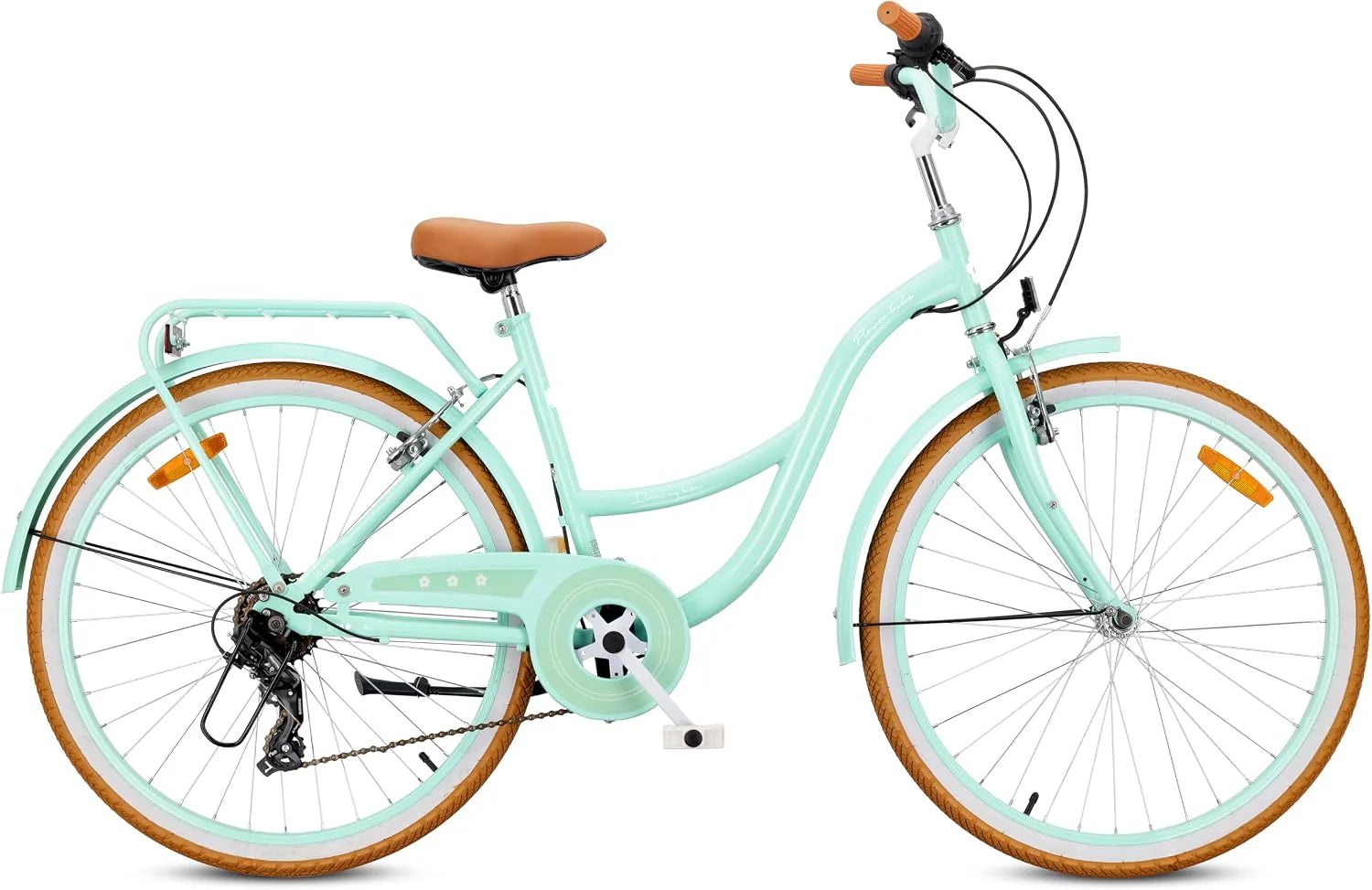 SUN BABY FLOWER BIKE RETRO – damesfiets 26 inch, Shimano 7 versnellingen, bagagedrager, standaard, spatborden, kettingkast, retro stadsfiets voor dagelijks gebruik(Munt/26 inch)