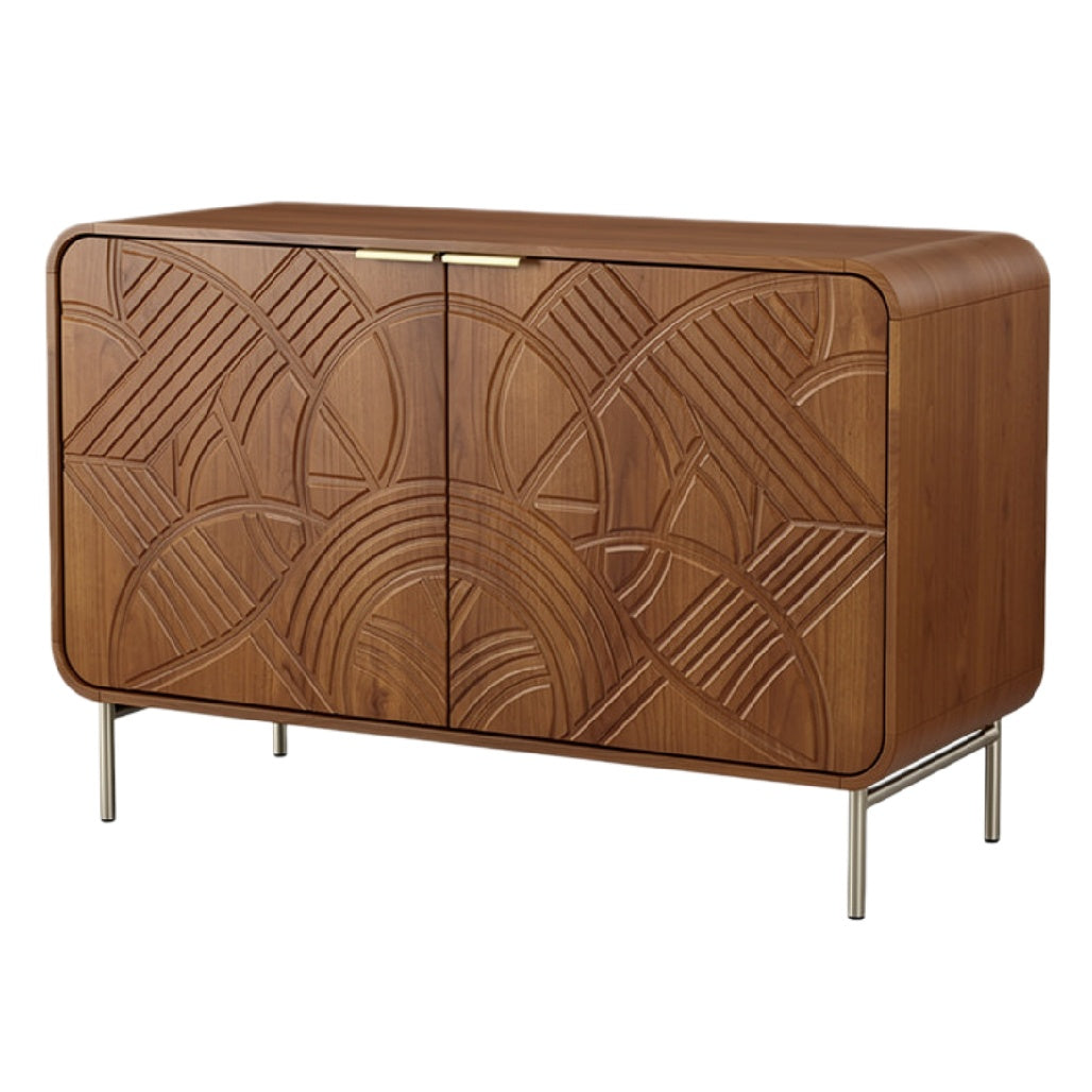 Moderne Houten Dressoirkast met Gegraveerde Patronen en Minimalistische Poten
