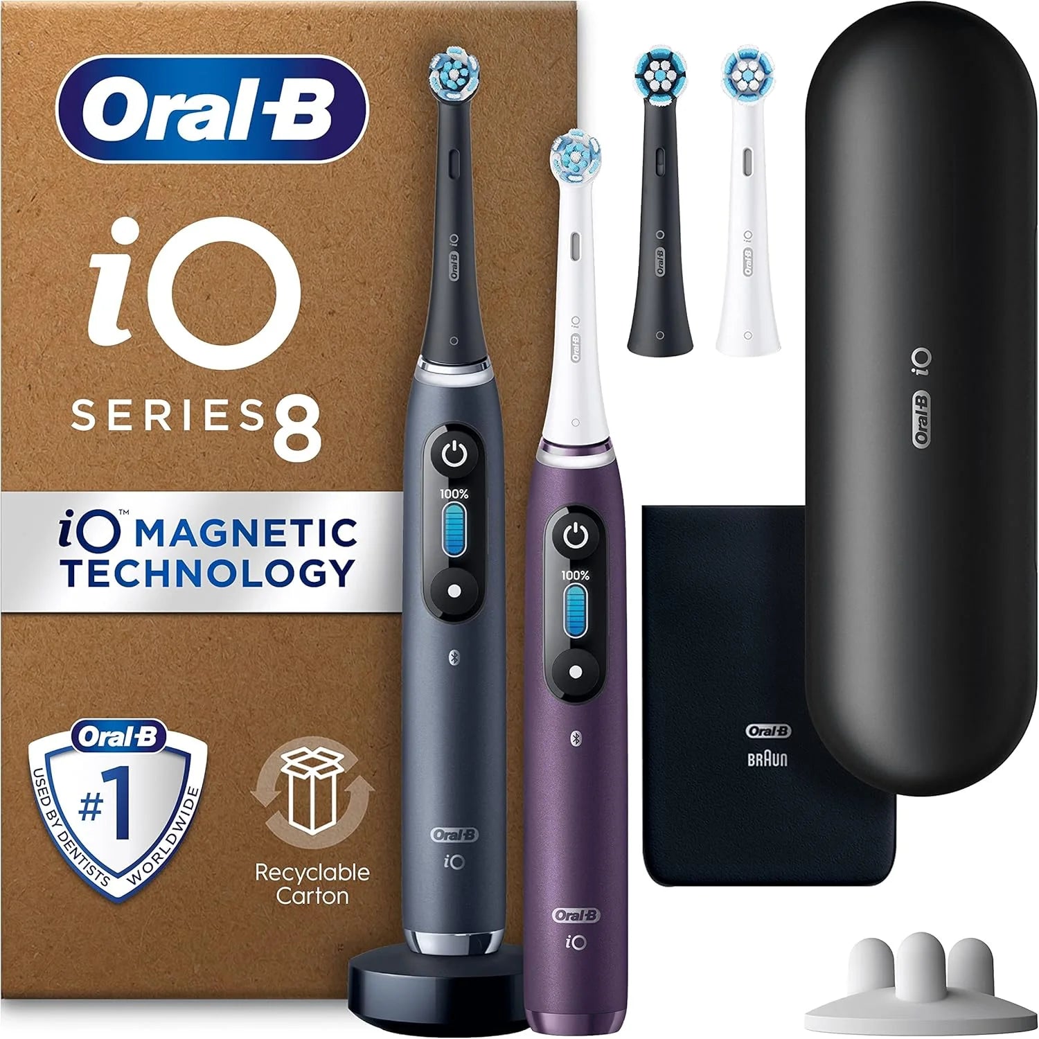 Oral-B iO 8 Dual Pack, Black  Violet elektrische tandenborstels, 4 tandenborstelkoppen, 1 reiskoffer, ontworpen door Braun