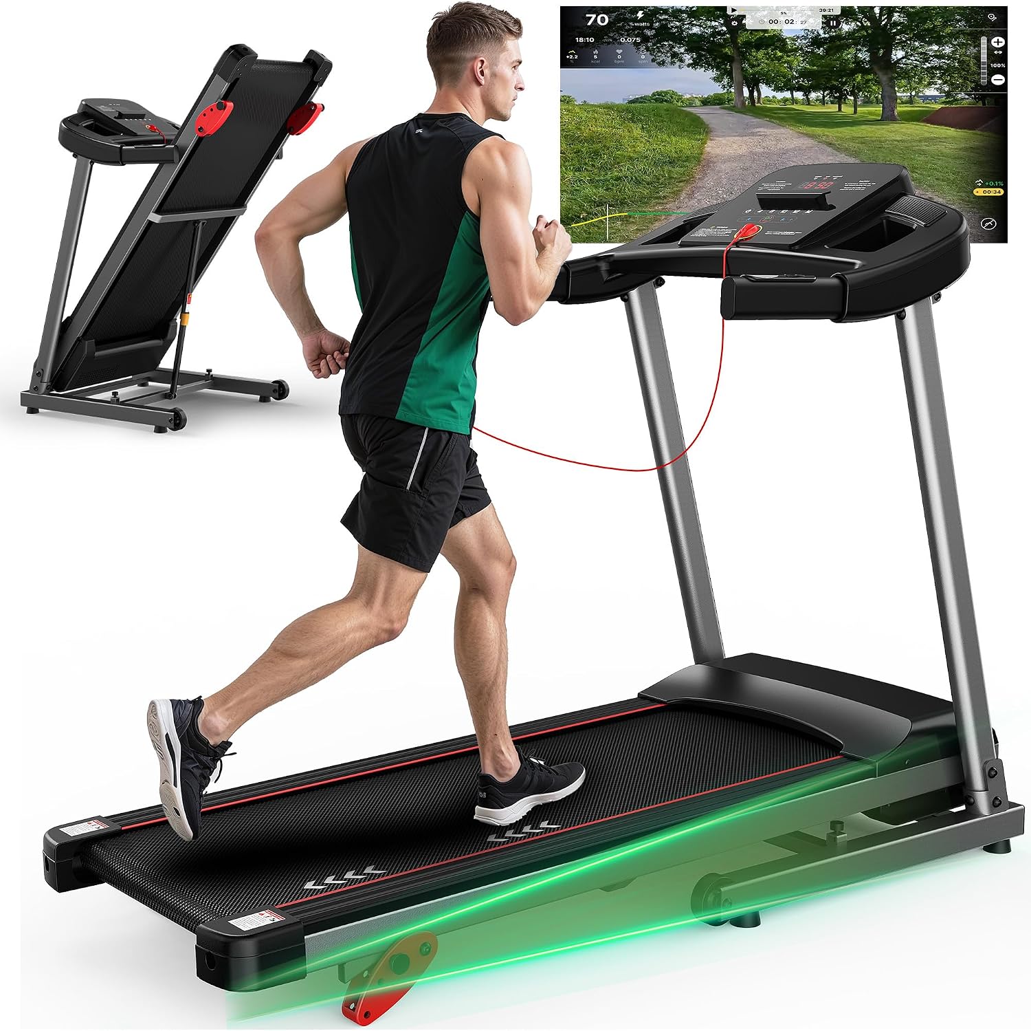 Opvouwbare loopband voor thuis, elektrische loopband met 12 km/u snelheid en instelbare helling, 2,75 pk motor, 130 kg maximaal draagvermogen, compatibel met app, thuisfitness loopmachine