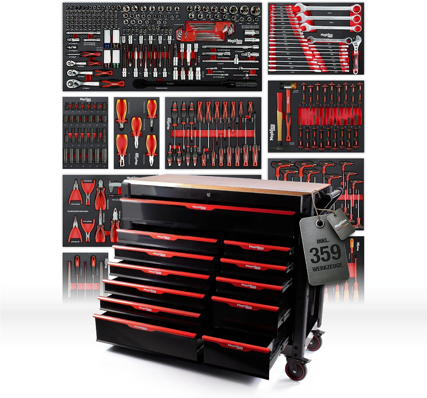 Mephisto Pro-Line BIG Gereedschapswagen, werkplaatswagen, gevuld met 12 laden waarvan 11 incl. gereedschap zoals VDE schroevendraaier, ratel met moerbox, schroevendraaierset in Soft Inlays in Carbon