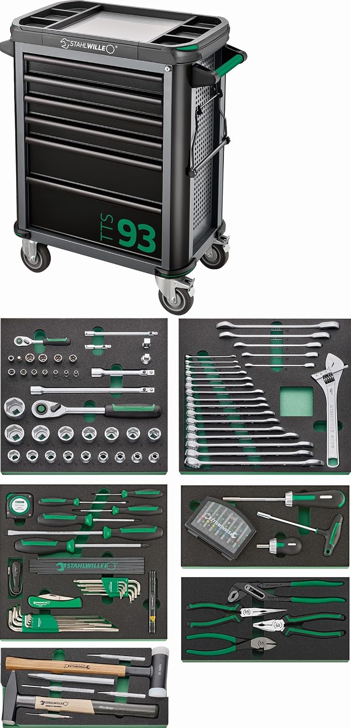 STAHLWILLE 93/157QR Werkplaatswagen uitgerust met 157-delige premium gereedschapsset | voor industrie, handwerk en automotive | gereedschapswagen gevuld