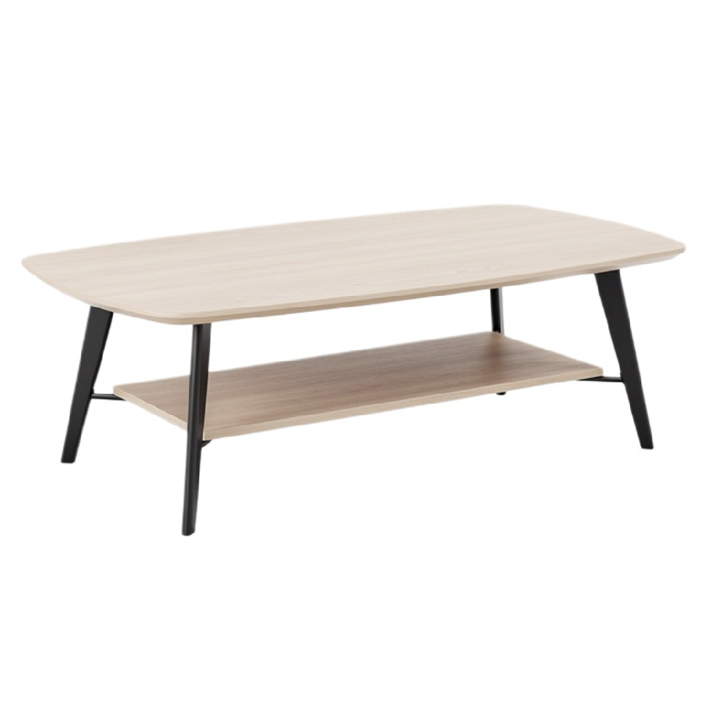 Moderne salontafel met houten blad en zwart metalen poten