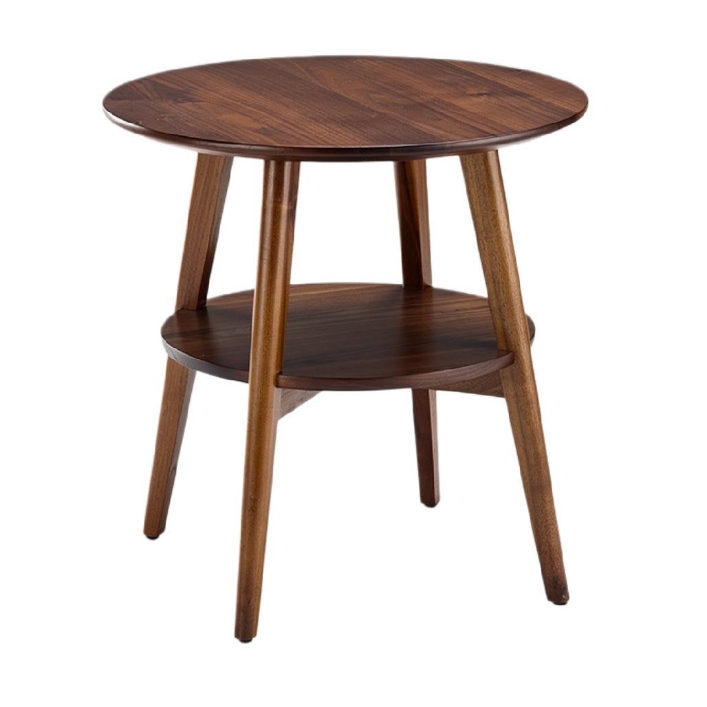 Eenvoudige ronde houten bijzettafel met twee niveaus en stevige poten