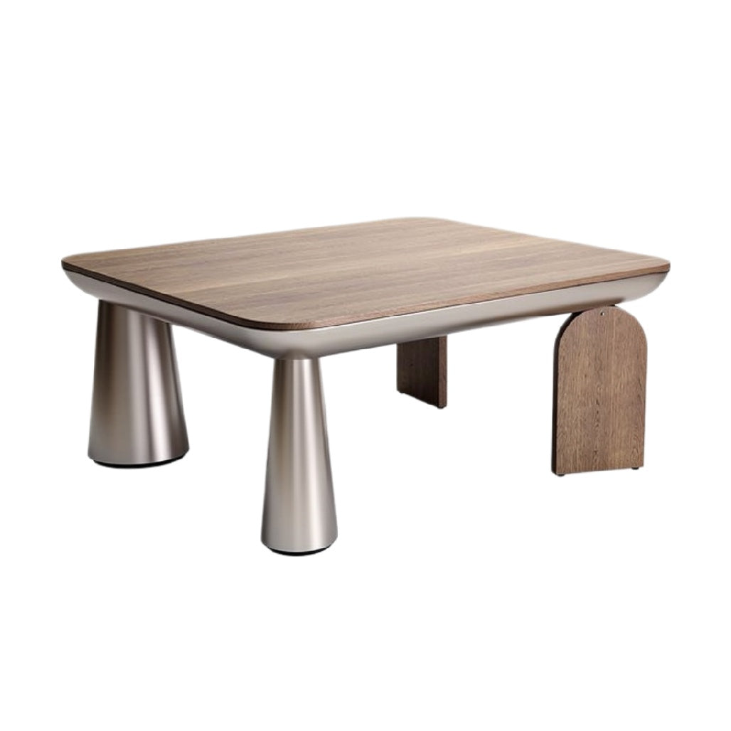 "Moderne salontafel met houten blad en metalen poten"