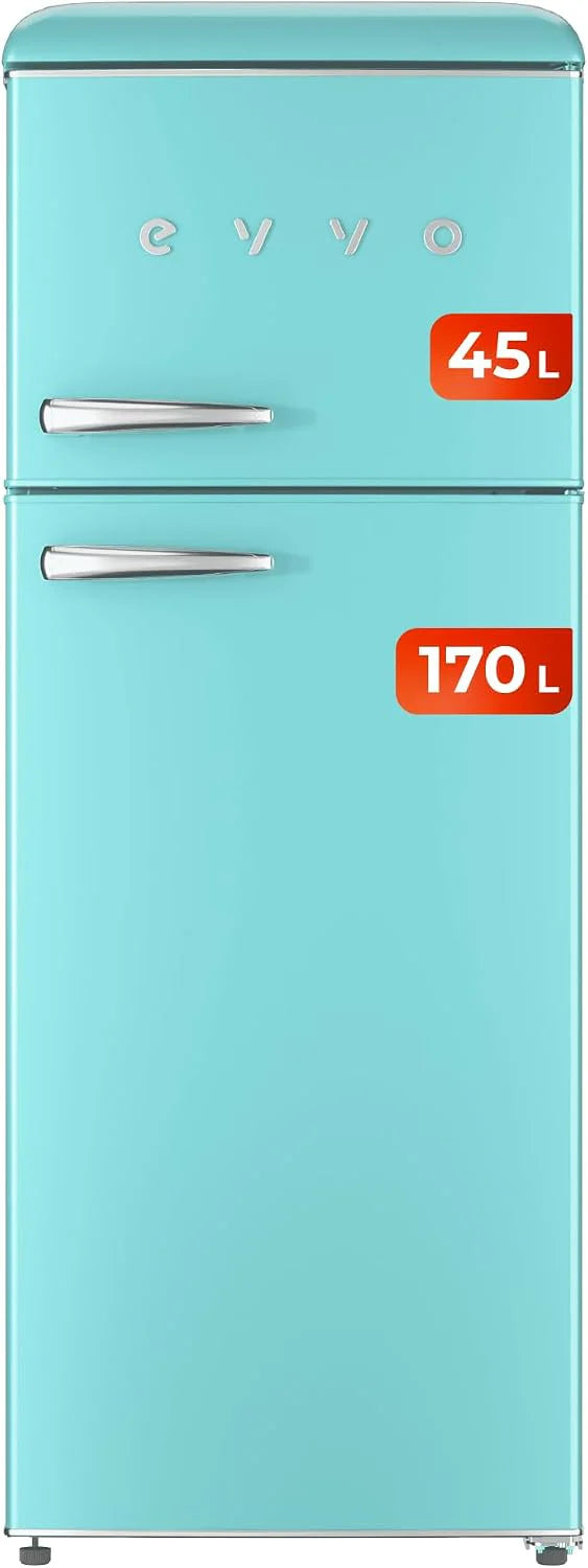 EVVO F45 retro koelkast met 2 deuren, pastelblauw, koelkast 170 liter, vriezer 45 liter, vintage design, Crisper Zone lade, CFK-vrij, stil (pastelblauw)