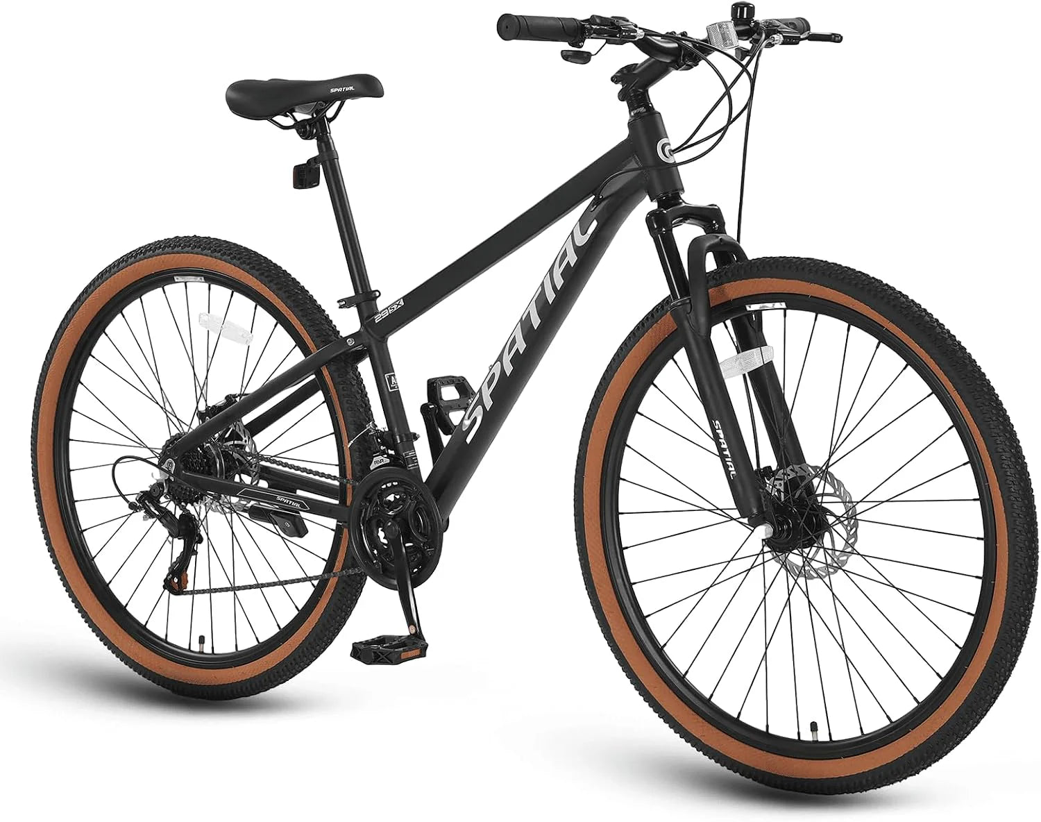 SPATIAL Mountainbike, 24/26/27,5/29 inch Outdoor Fiets, 21/8 Versnellingen Lichtgewicht Aluminium Frame | Dubbele Schijfremmen, Verstelbaar Ergonomisch Zadel voor Mannen, Vrouwen(Zwart/29 Inch)
