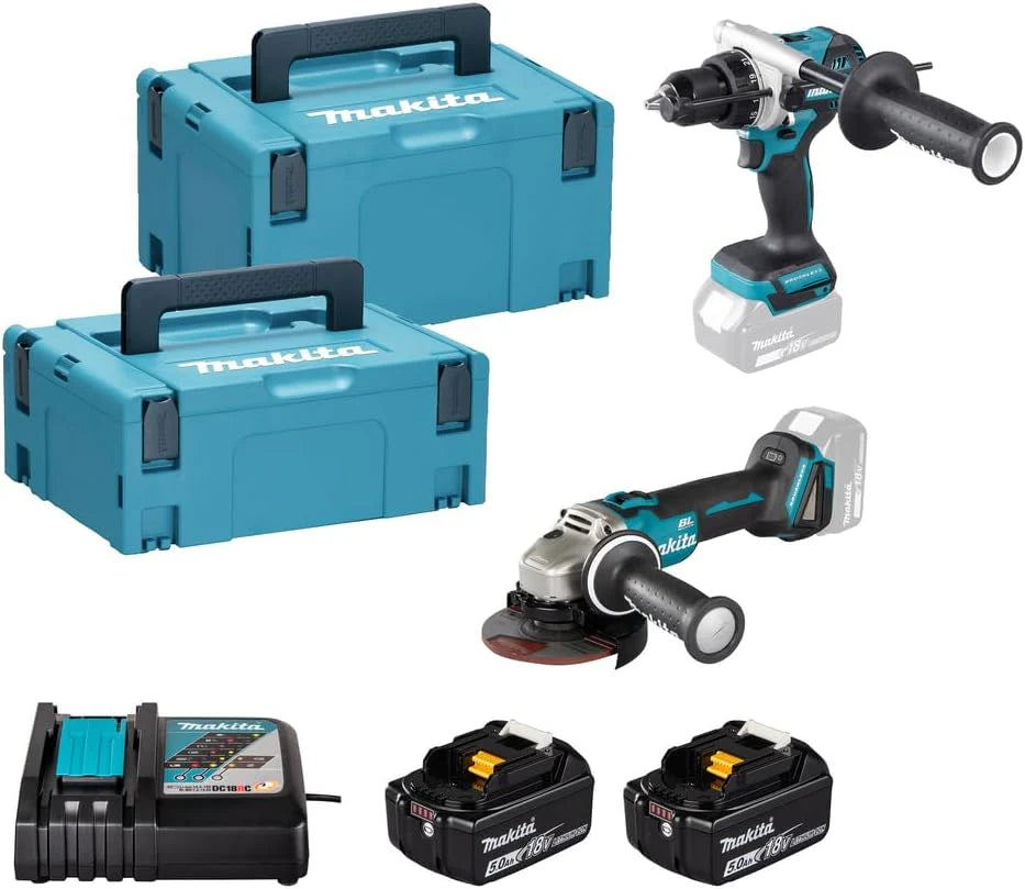 MAKITA DLX2552TJ, combi-set, 18 V, met boormachine DHP492 en slijpmachine DGA504, 2 accu's 5,0 Ah, Makpac-koffer