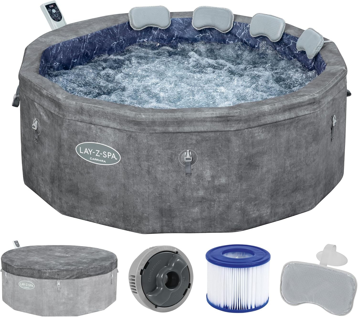 Bestway® Lay-Z-SPA® energiebesparende whirlpool met schuimpanelen Carrara AirJet™ met app-besturing + geïntegreerde UltraFit™ pompeenheid, voor 6 personen Ø 170 x 65 cm, donkere albast-look