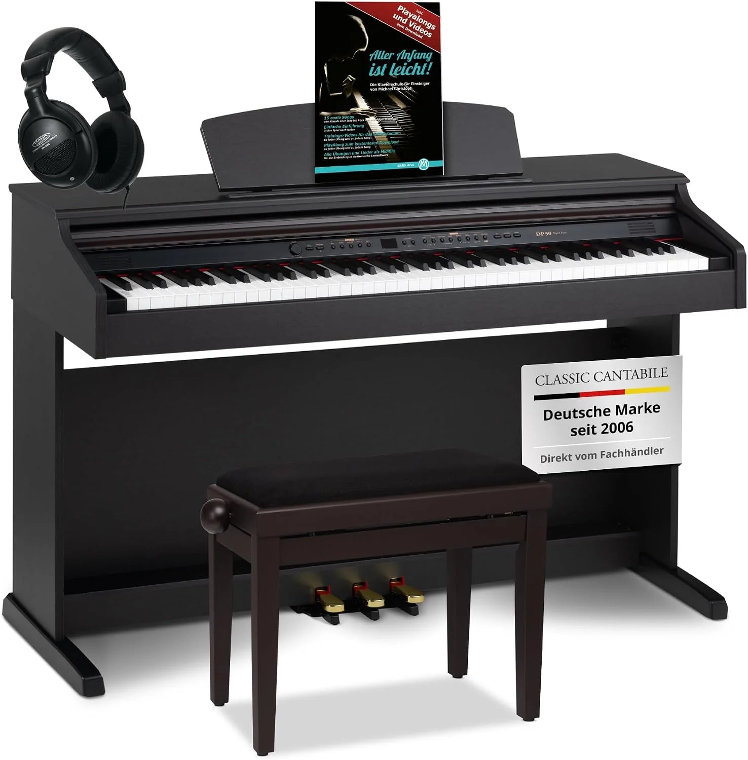 Classic Cantabile DP-50 RH Digitale Piano rozenhout - E-Piano met 88 toetsen hamermechanik, USB-audio/MIDI-interface, 32 polyfonie, 3 pedalen - Piano digitaal Set met pianobank en kopftelefoon