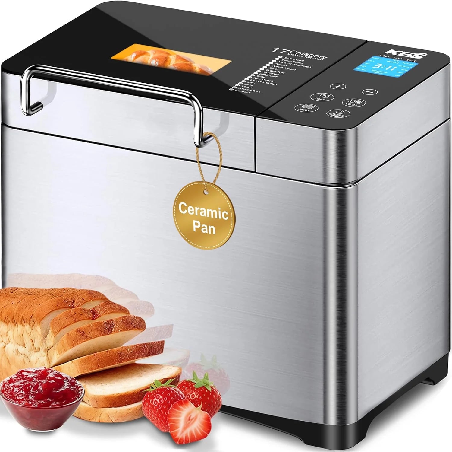KBS Pro Stainless Steel Bread Machine, 2LB 17-in-1 Programmable XL Bread Maker with Fruit Nut Dispenser, Nonstick Ceramic Pan Digital Touch Panel, 3 Loaf Sizes 3 Crust Colors, Reserve Keep Warm Set