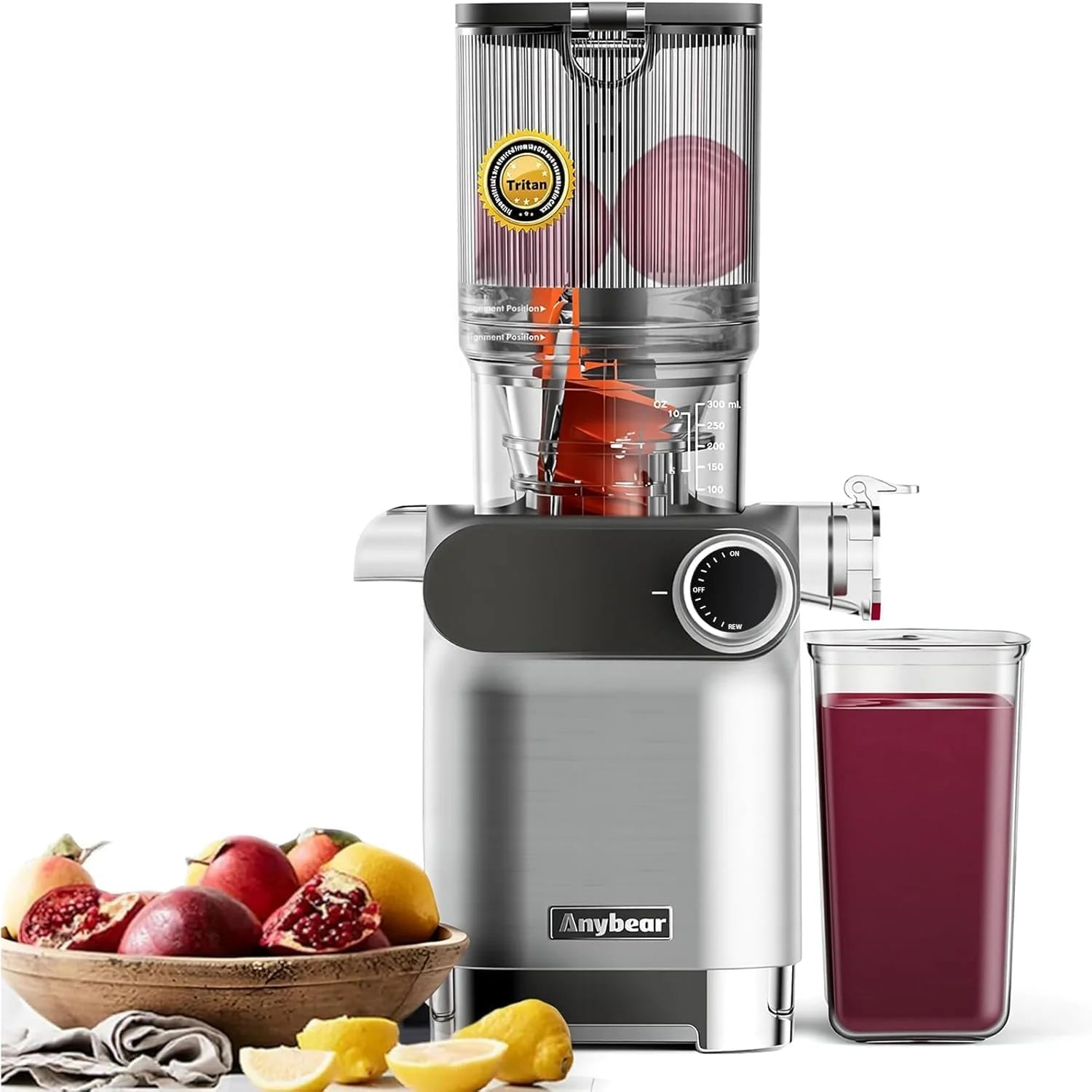 Anybear Sapcentrifuge, 200 W slowjuicer koudenpers met 110 mm grote vulschacht voor hele vruchten/groente | Upgraded slak | Tritan-materiaal | BPA-vrij | incl. saprecepten (zilvergrijs EV)