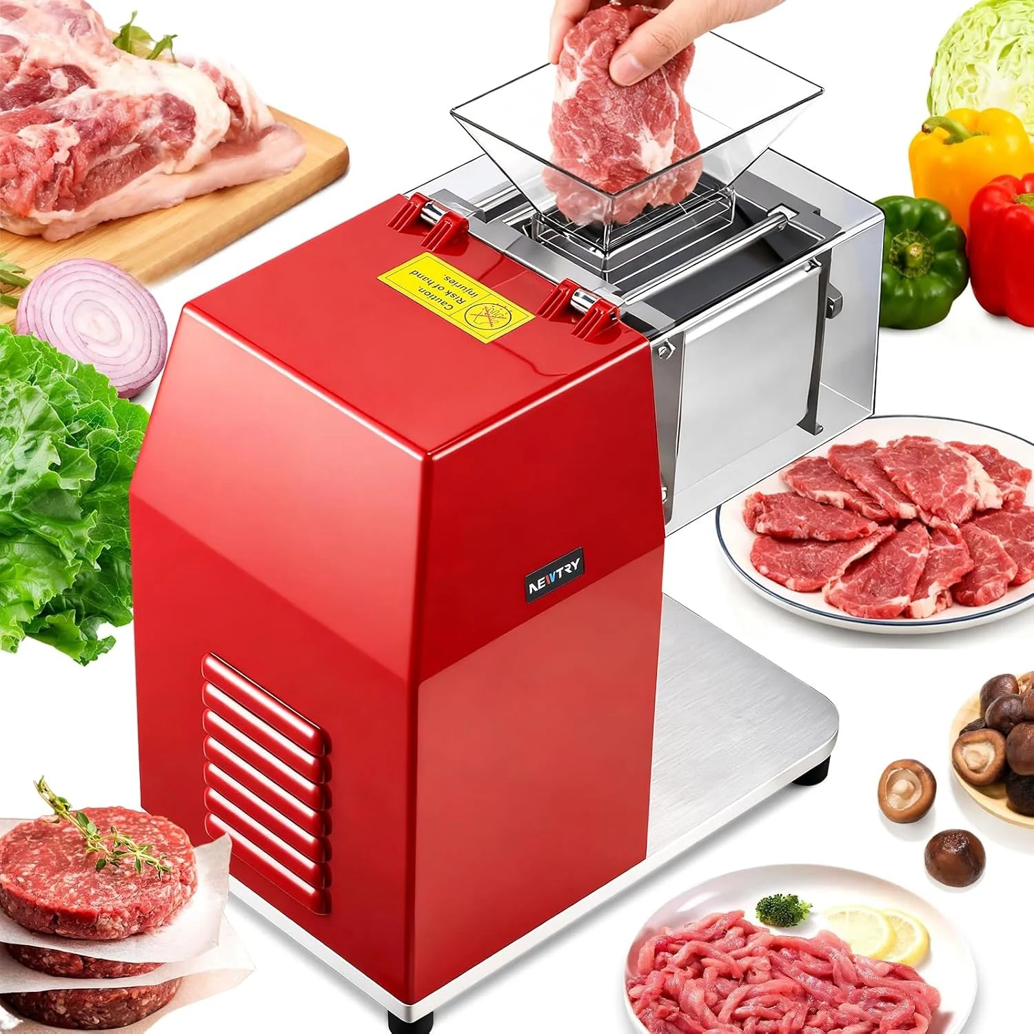 NEWTRY 850 W commerciële vleessnijmachine voor het snijden, snijden en in blokjes snijden van beenloos vlees, roestvrij staal, elektrische allessnijder voor restaurants, kantines, slagerijen (5 mm)