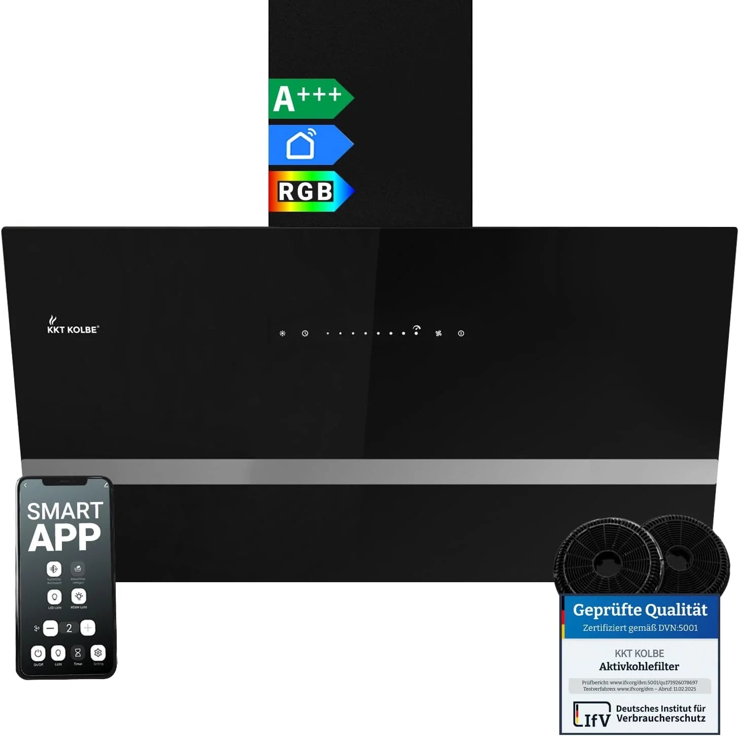 KKT KOLBE afzuigkap 90 cm | 782 cbm/h circulatie afvoer | kopvrij | wandkap | zwart glas | slimme WiFi-app WLAN | RGBW-LED-verlichting | EASY9005SM