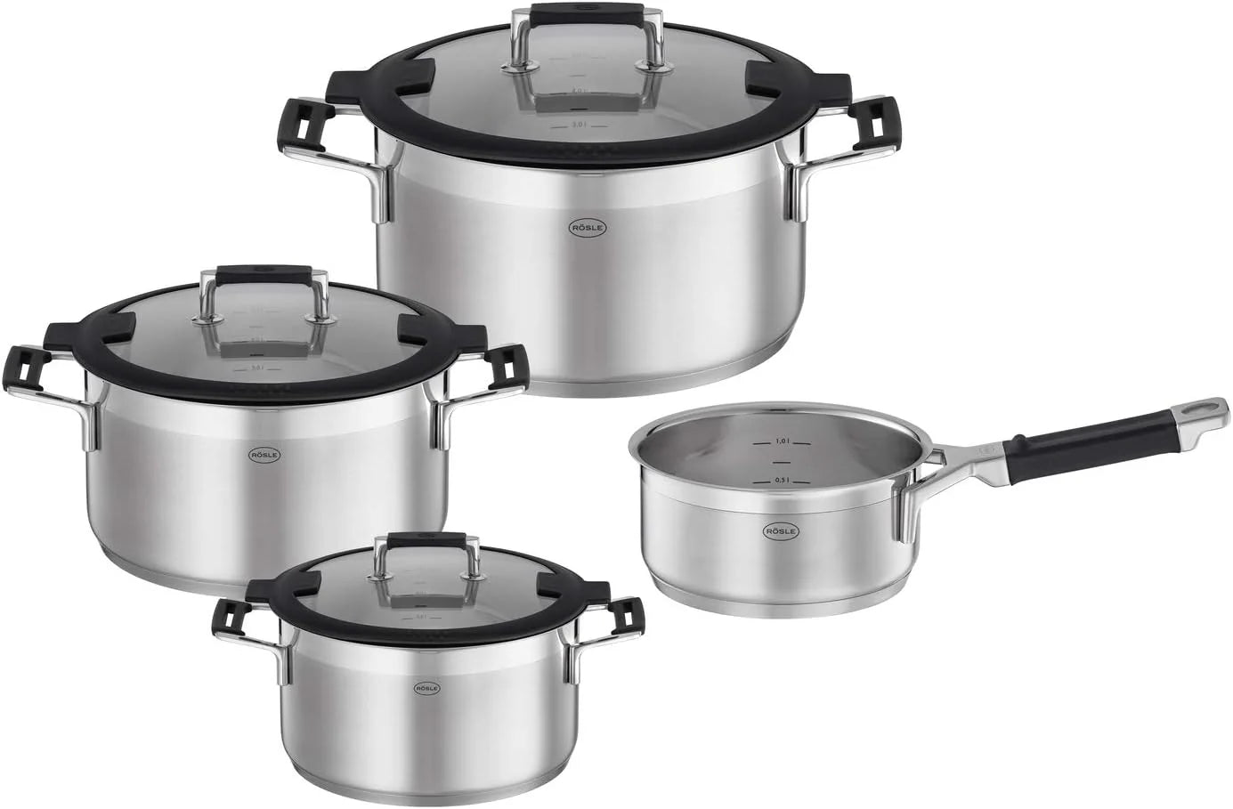 RÖSLE SILENCE PRO 5-delige pannenset, universele pannenset met 3 kookpotten, 1 braadpan en 1 steelpan, roestvrij staal 18/10,glazen deksel,interne schaalverdeling,geschikt voor inductie en vaatwasser(4-delig/Pottenset)