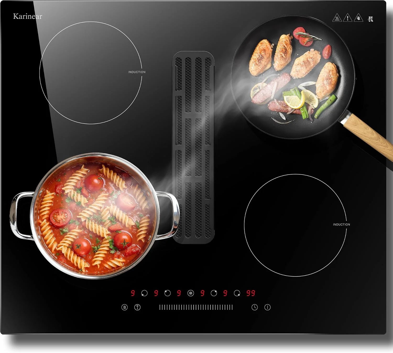 Karinear Inductiekookplaat met afzuigkap, inductie kookplaat 60 cm inbouw, schuifregelaar, booster, timer, pauze, 6400 W inductieveld 4 platen en 135 W afzuiging, 220-240 V, geen stekker