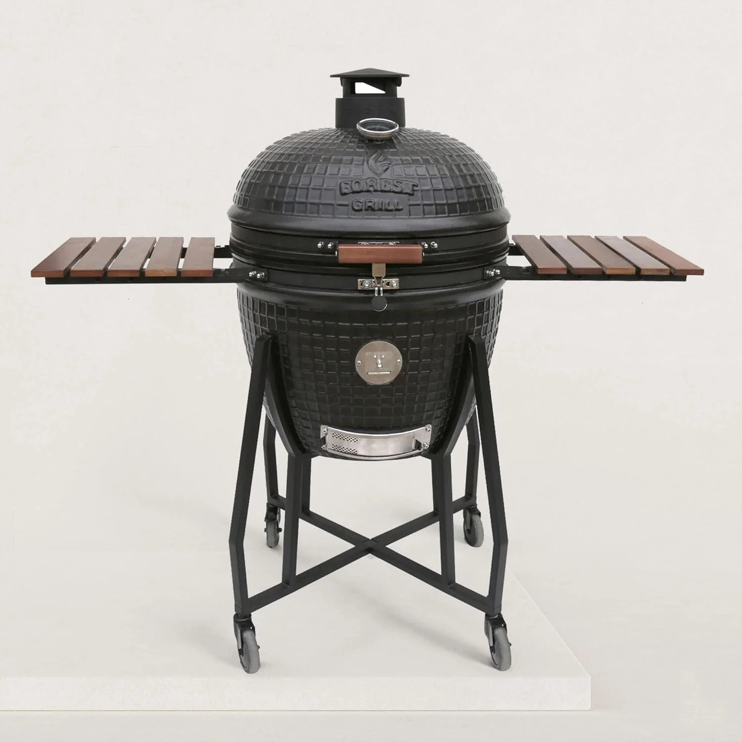 Kamado M 40,6 cm (16 inch), medium model: gemakkelijk te verplaatsen (41 x 59 cm). Inhoud levering: 2 inklapbare houten dienbladen. Grilldiameter: 34 cm(XXL 25" - (62,5 x 83 cm))