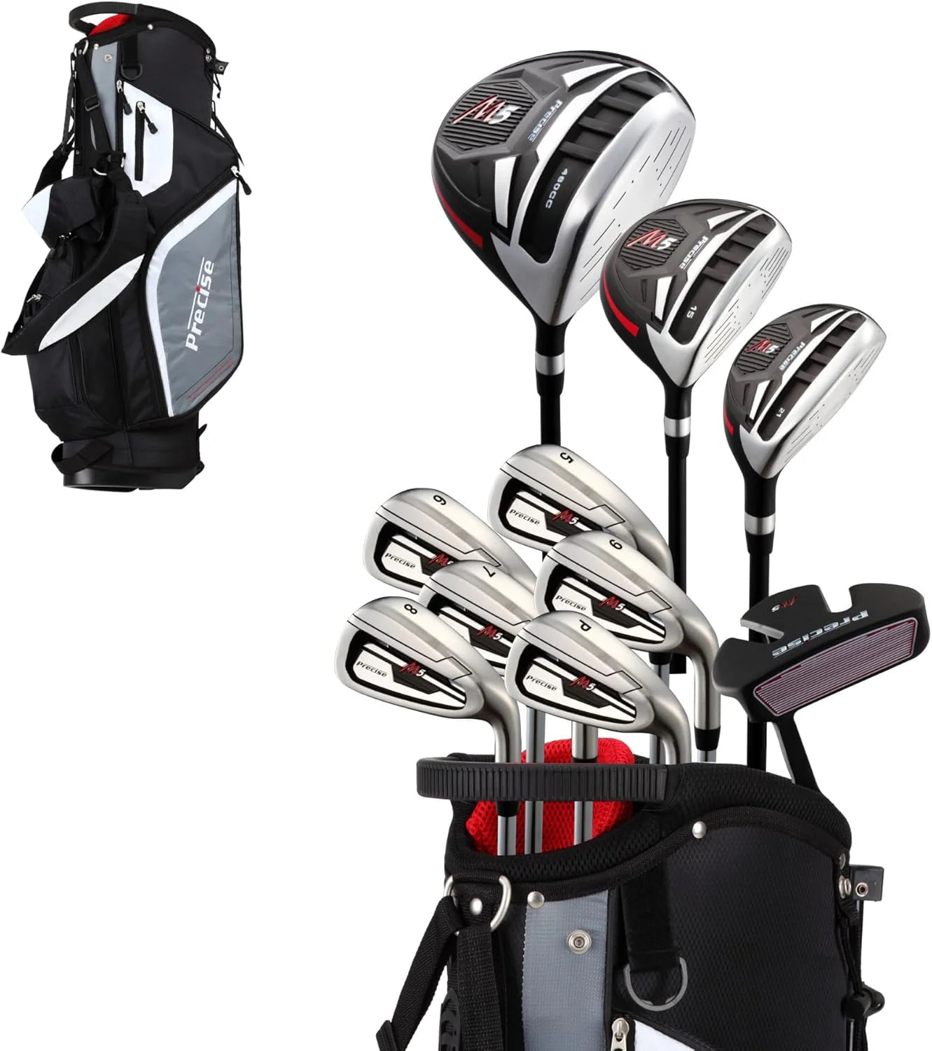 Top Line golfclubset voor heren, M5, rechtshandig, set bevat driver, hout, hybride, 5, 6, 7, 8, 9, PW roestvrij staal ijzer met True Temper stalen schacht, putter, deluxe staande tas en 3 racketkappen