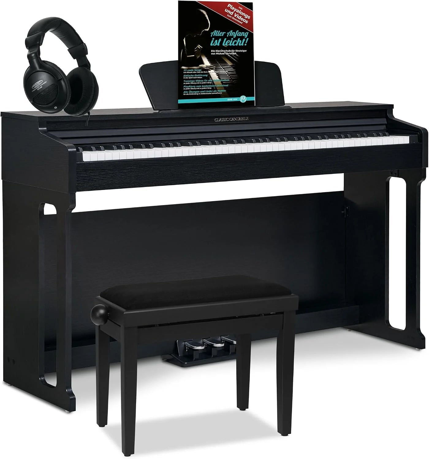 Classic Cantabile DP-220 SM E-Piano Set - Digital Piano 88 gewogen toetsen met hamersysteem - Inclusief pianobank, koptelefoon en pianoles - Layer-, Split- en Twinova-functie - 3 pedalen