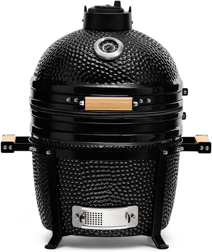 KAMADO BONO Keramische BBQ-grill, 13"/33 cm Picnic I, Mini Kamado BBQ-houtskoolgrill, eier-BBQ, Kamado Barbecue Grill I, draagbare oven en rookoven met standaard(40 cm/Zwart)