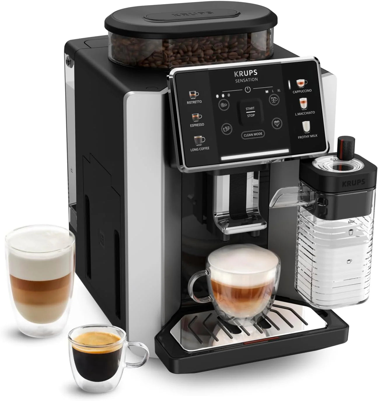 Krups EA9108 Sensation volautomatische espressomachine coal/zwart, gebruiksvriendelijk, gemakkelijk te onderhouden, verlichtingswaarschuwingen, handige reiniging, aangepaste instellingen(Met melkreservoir)