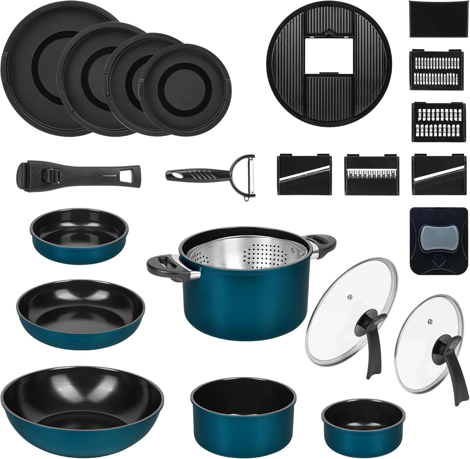 Kelton Kookgerei 3-in-1 met pannen, potten, deksels en groentesnijder, 27-stuk, antiaanbaklaagde kookgerei, PFOA- en PTFE-vrij, afneembare handgreep