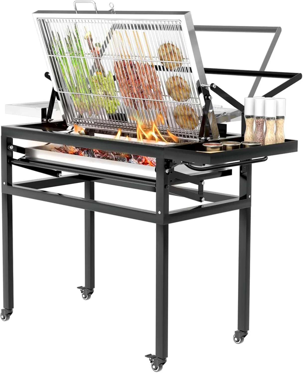 Houtskoolgrill met trolley, afneembare draagbare grill, vierkant, robuust, voor buiten, 360 graden draaibaar grillrooster met wielen, voor camping, tuin, barbecue(Charcoal Grill with Cart)