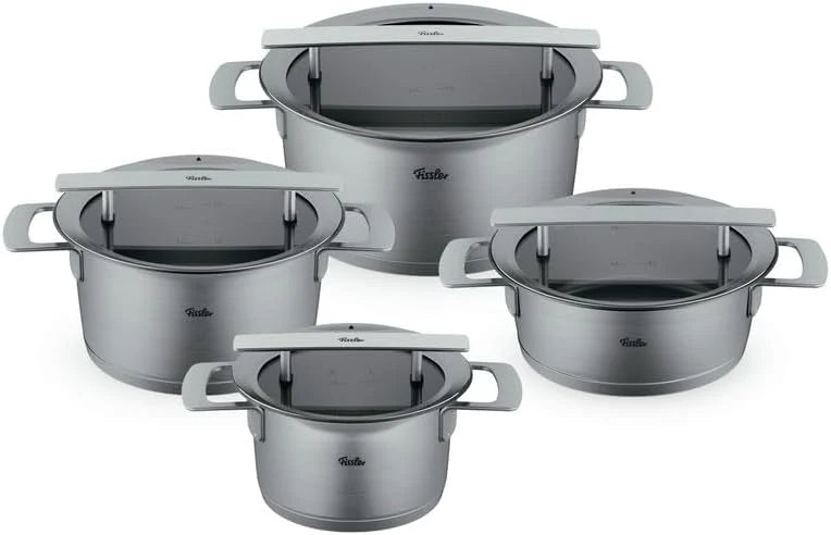 Fissler Phi Collection/roestvrijstalen pannenset, 4-delig, pannen met glazen deksel (3 kookpannen, 1 braadpan) – inductie