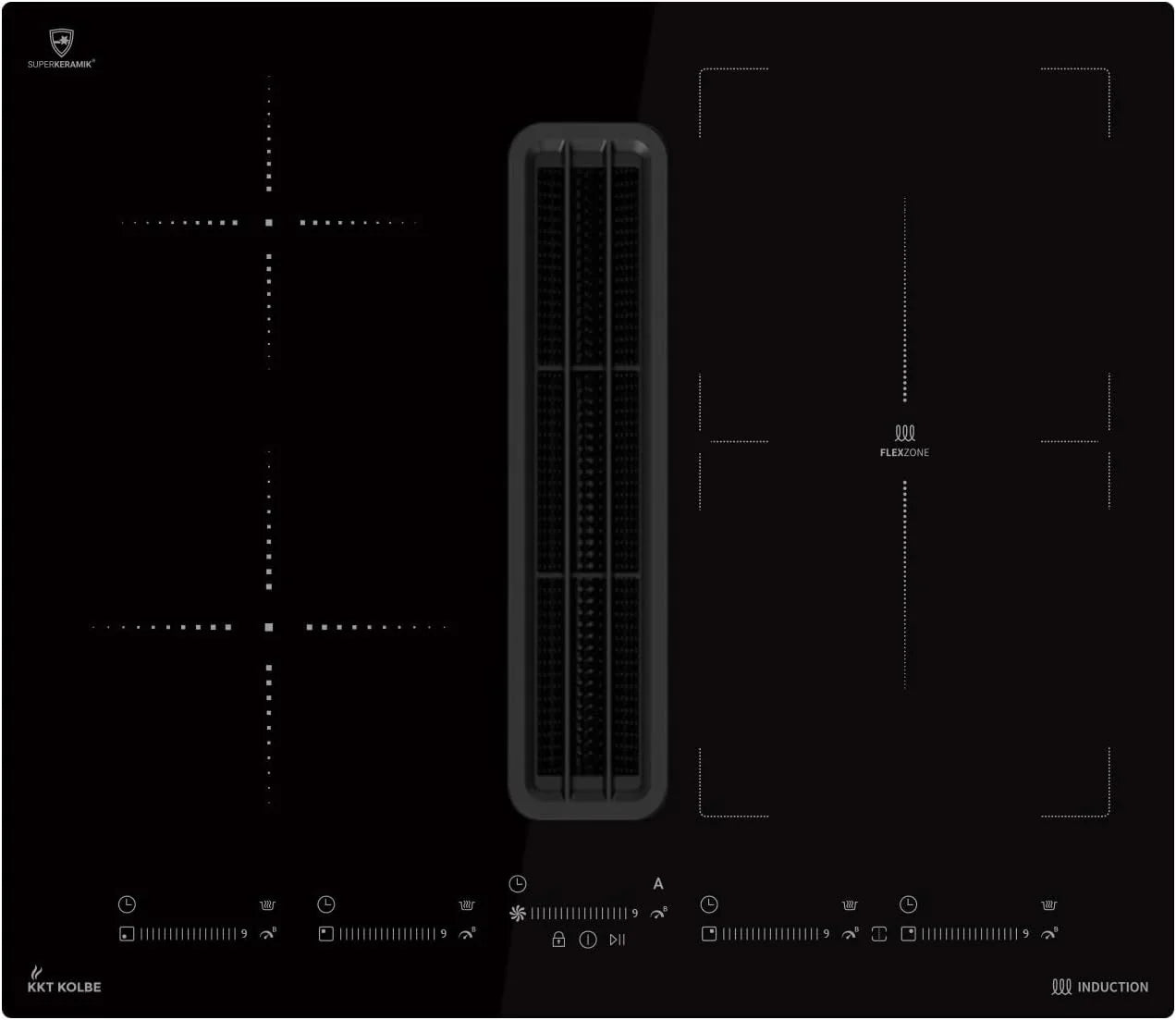 KKT KOLBE IND600DRAFT Inductiekookplaat met geïntegreerde afzuigkap, 638 cbm/h, 60 cm, inductiekookplaat, 7,4 kW, 4 zones, 9 niveaus, frameloos(IND600DRAFT/zwart)