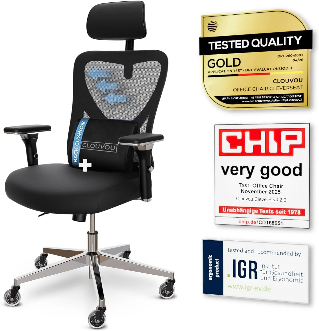CLOUVOU ProSeat Ergonomische Bureaustoel [TESTWINNAAR] | Mesh-Stof Kantoorstoel  Gaming Stoel Hoog | Met Armleuningen en Rugondersteuning | Ergonomic Office Desk Chair | Verstelbaar | Max.150 kg(CleverSeat (Zwart))