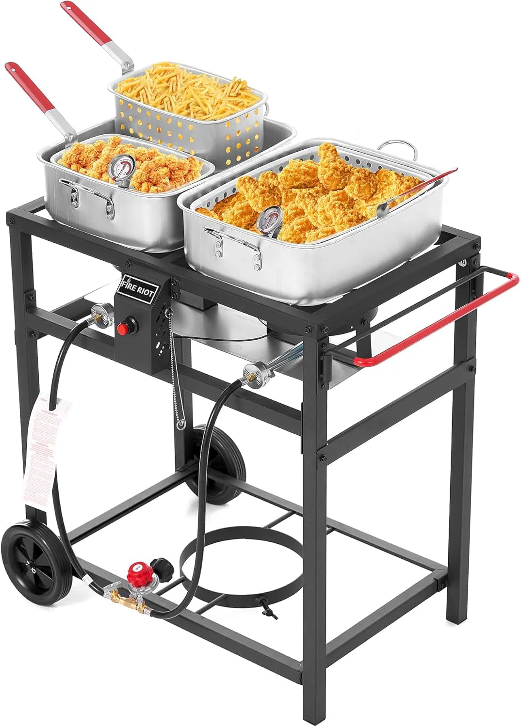 Frituurpan met dubbele brander propaankachel buiten - 2-18QT aluminium potten en frituurmanden - Perfect voor visfriteuses, vleugels, friet, cajun-frituur(Dubbele Fryer Winkelwagen)
