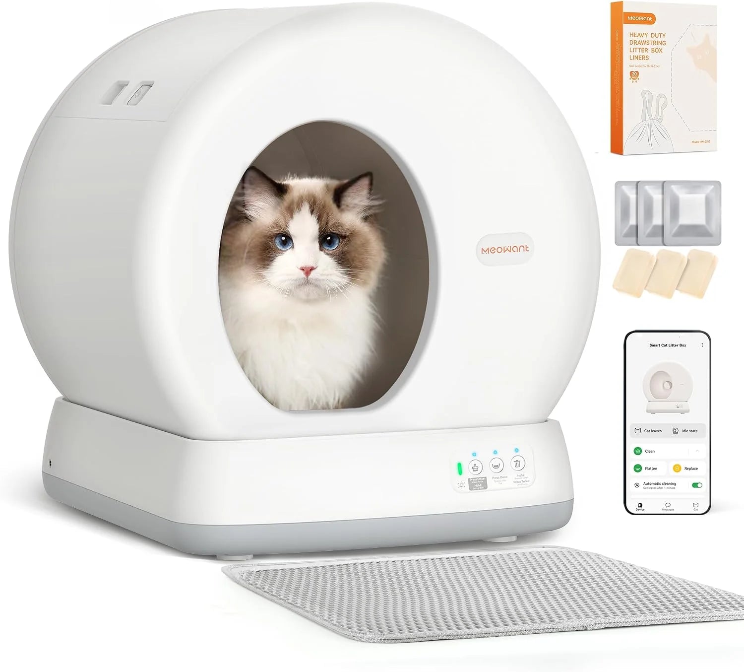 MeoWant Zelfreinigend kattentoilet, automatisch kattentoilet, anti-knikken, gesloten kattenbak voor grote en meerdere katten, app-bediening, robotstrooisel, geurloos, met mat