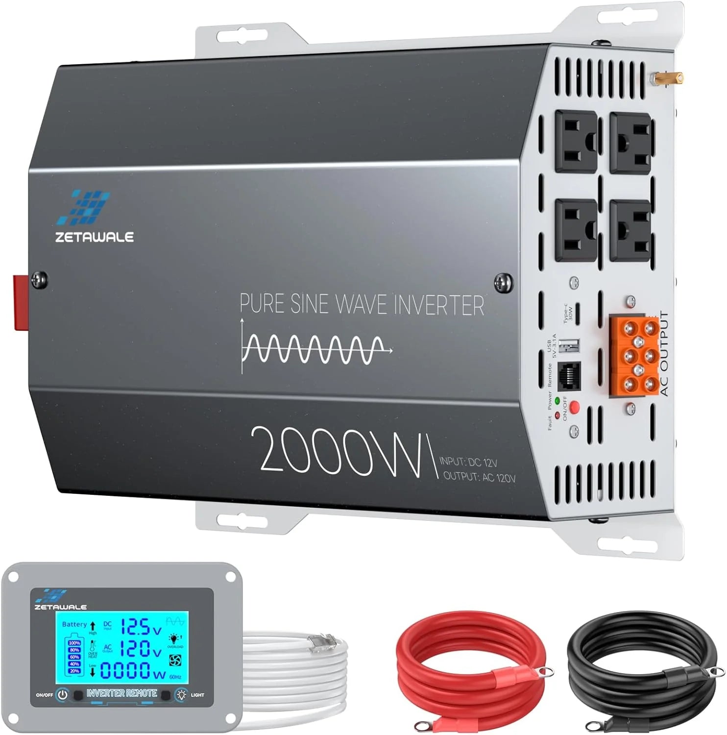2000 W zuivere sinusgolf, omvormer, 12 V DC naar 110 V, 120 V, 4 AC-uitgangen, USB type C LCD met afstandsbediening, voor vrachtwagen, camper