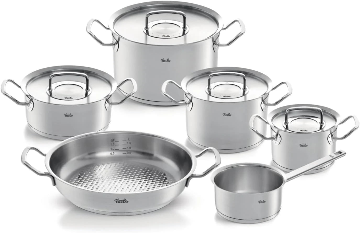 Fissler Originele Profi Collection/roestvrijstalen pannenset + gratis serveerpan, 5-delig, incl. metalen deksel (3 kookpannen, 1 braadpan, 1 steelpan) - inductie
