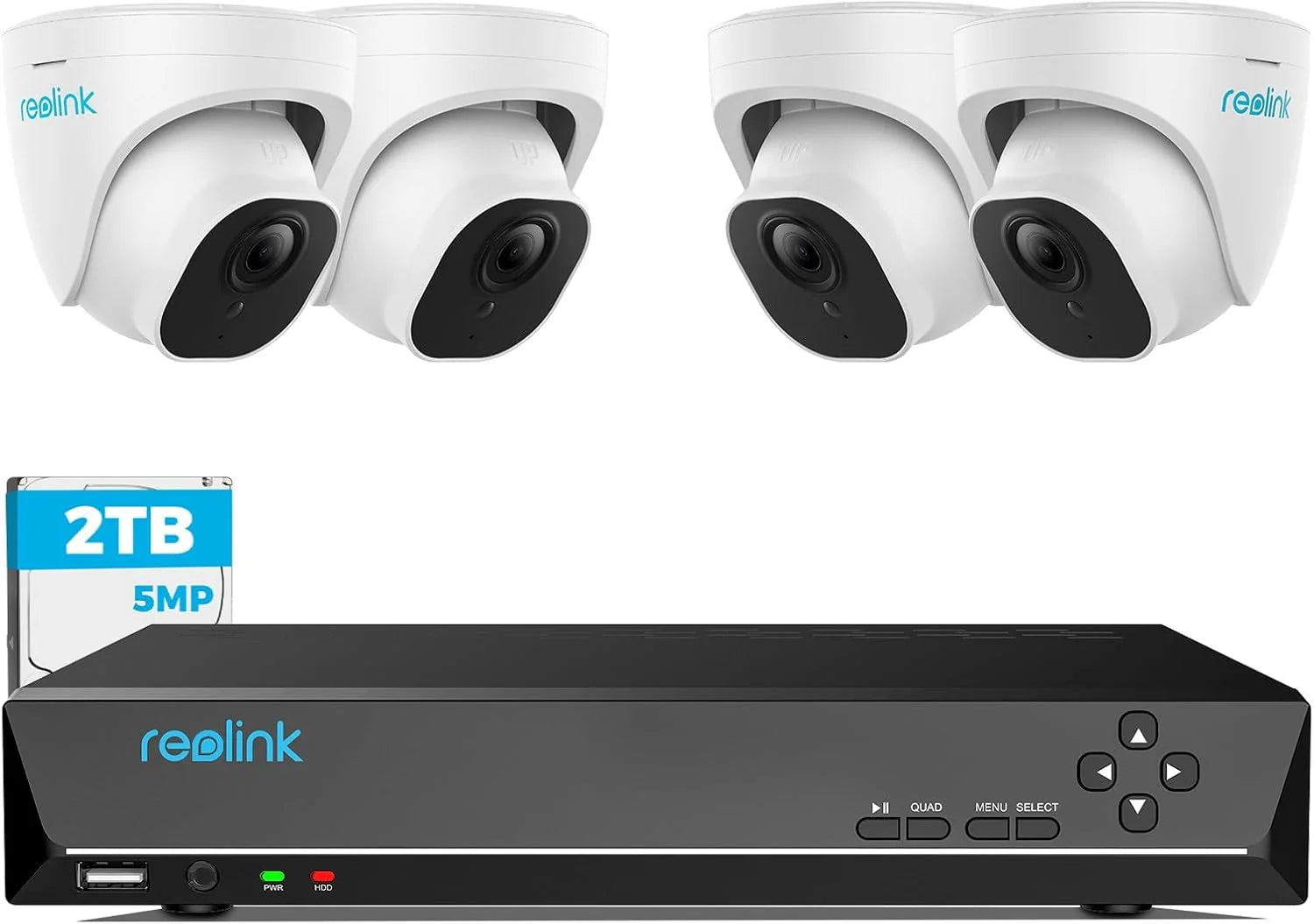 Reolink 5MP PoE beveiligingscamera systeem, 8CH CCTV systeem met 2TB Hard Drive NVR en 4X 5MP Outdoor PoE IP Camera's, 30m nachtzicht bewegingsdetectie op afstand voor thuisgebruik, RLK8-520D4-5MP(Wit)