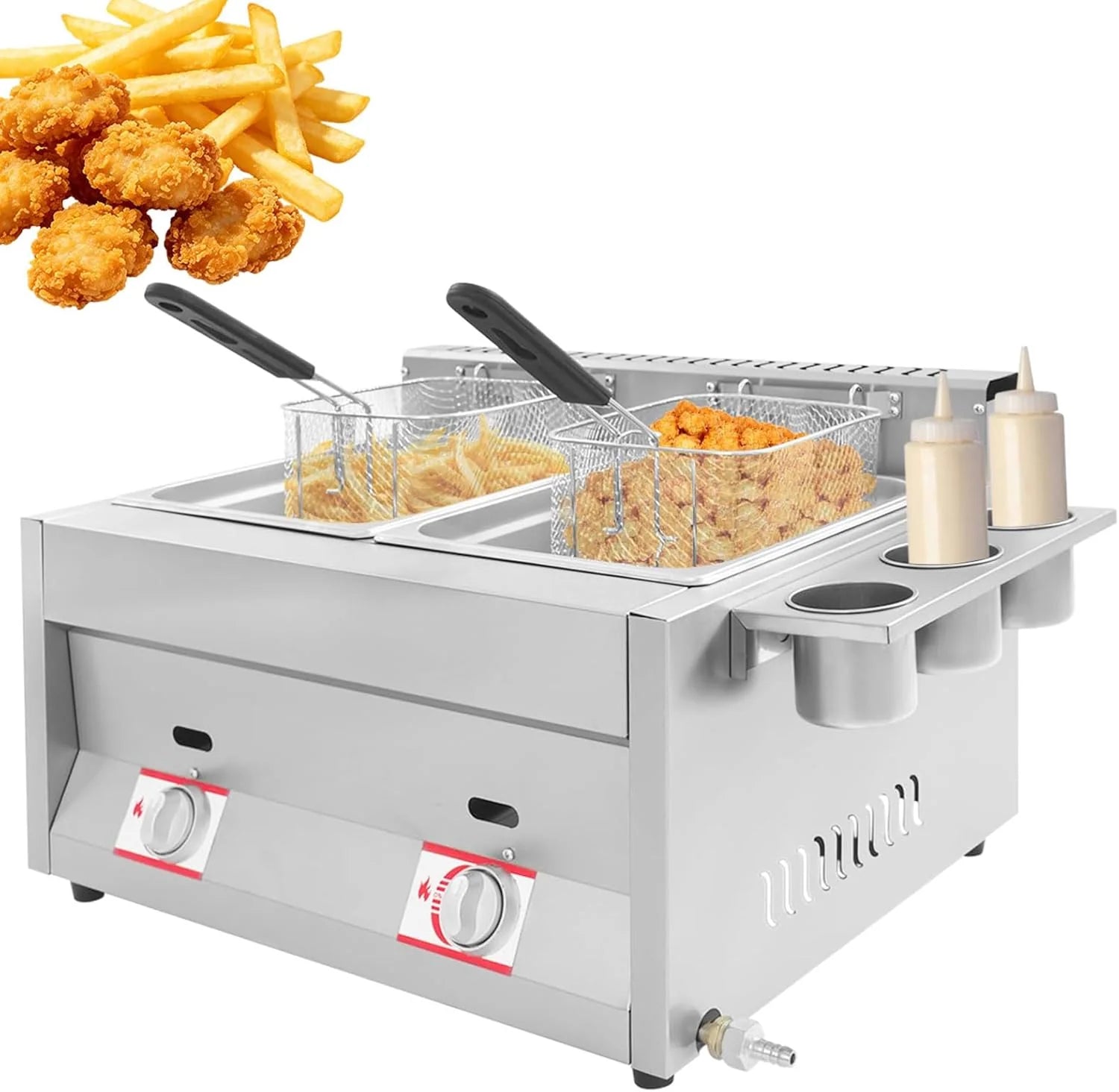 Commerciële LPG frituurpan, 2-Compartiment RVS Gasfrituurpan, 2 x 6L Totale Capaciteit, Aanrecht Frituurpan voor Chips, Kip, Restaurant- en Thuisgebruik